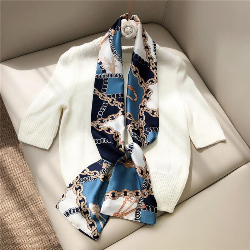 Vintage Chain Print Skinny Scarf Satin Neckerchief Silk Twilly Scarf