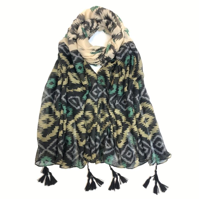 Vintage Geometric Print Scarf Boho Block Tassel Shawl Casual Windproof Head Wrap