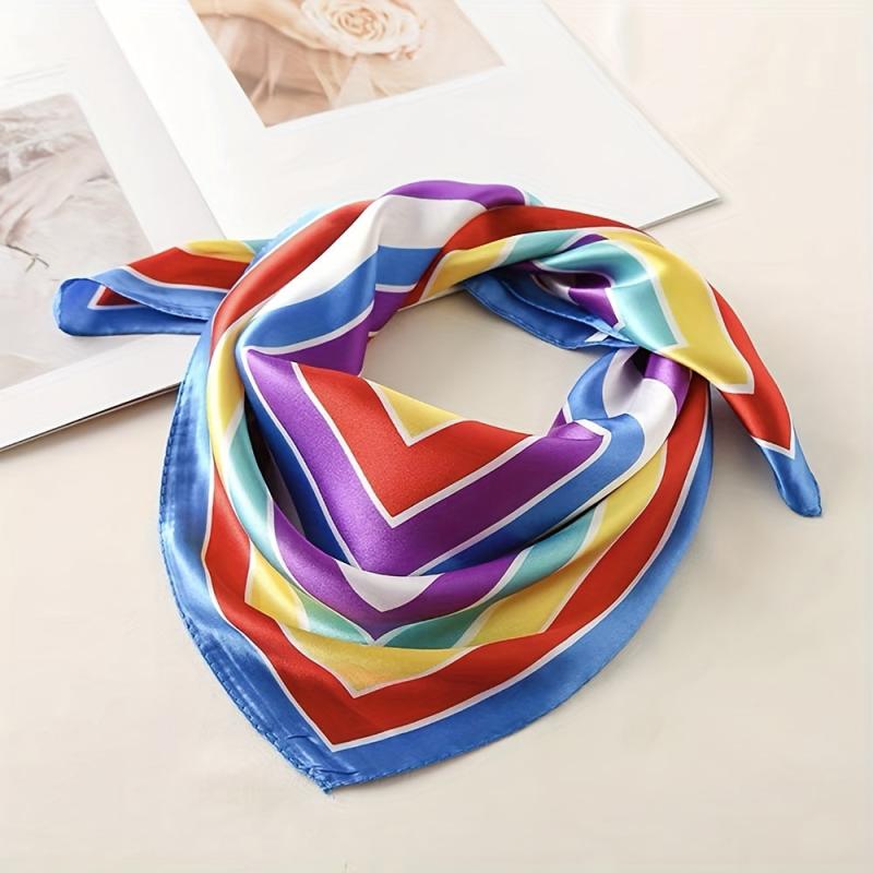 Satin Neckerchief Silk Square Scarf Striped Print Bandana Women Head Wrap