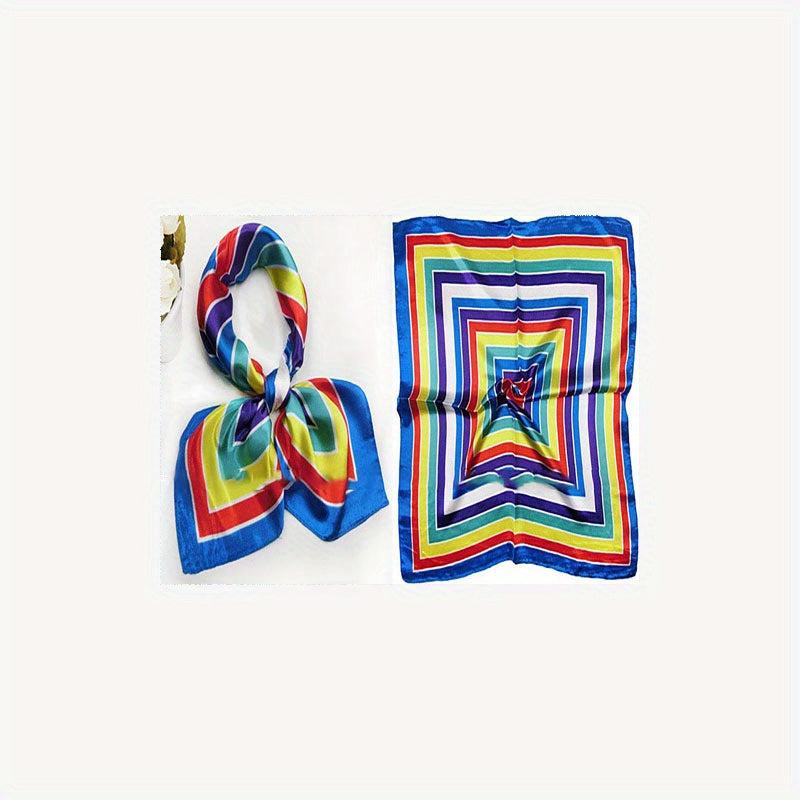 Satin Neckerchief Silk Square Scarf Striped Print Bandana Women Head Wrap