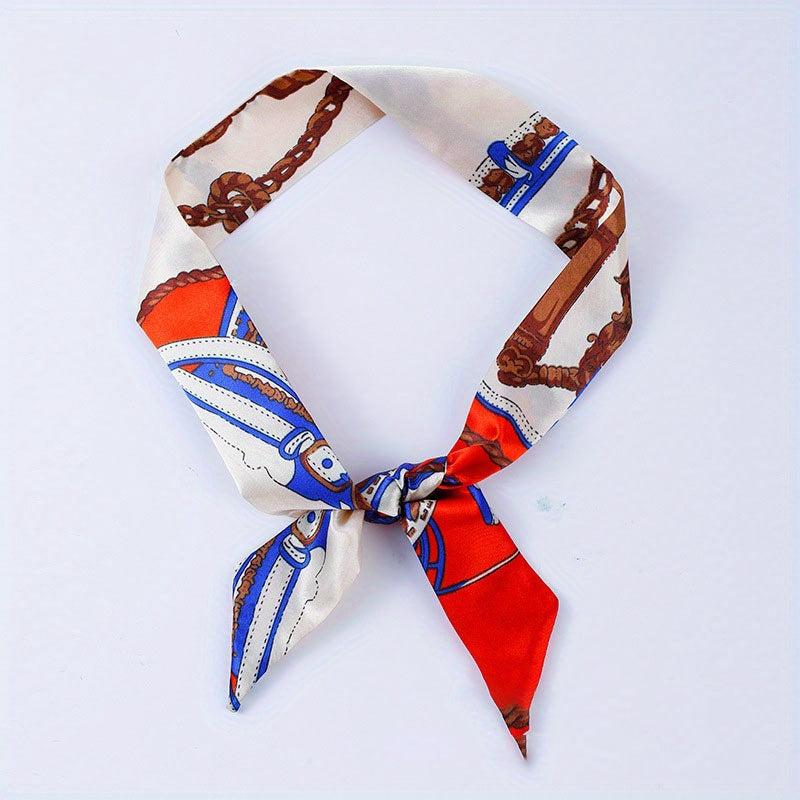 Chain Print Skinny Scarf Satin Neckerchief Long Ribbon Twilly Scarf