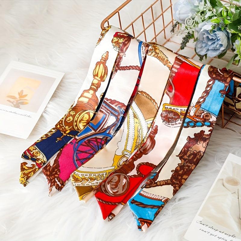 Chain Print Skinny Scarf Satin Neckerchief Long Ribbon Twilly Scarf