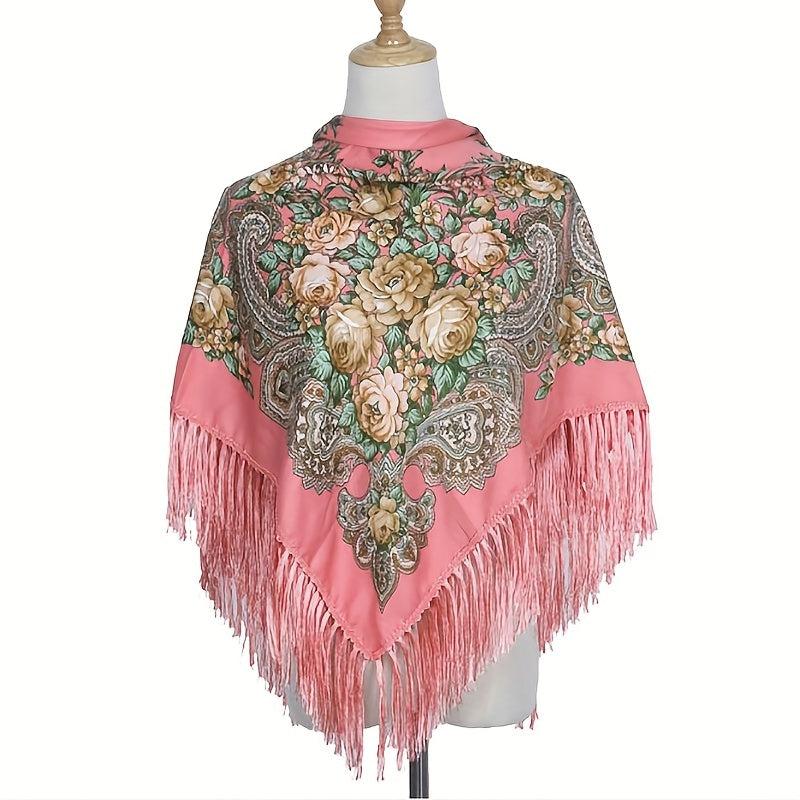 Boho Flower Print Shawl Tassel Wrap Vintage Windproof Warm Cape