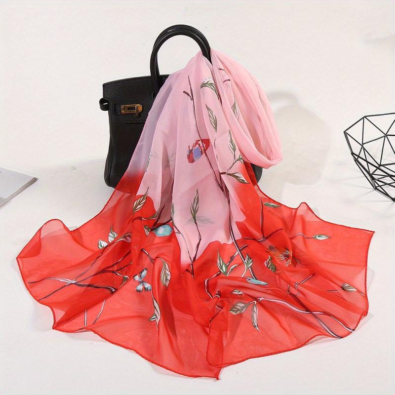 Flower Print Gradient Scarf Gauze Shawl Head Wrap