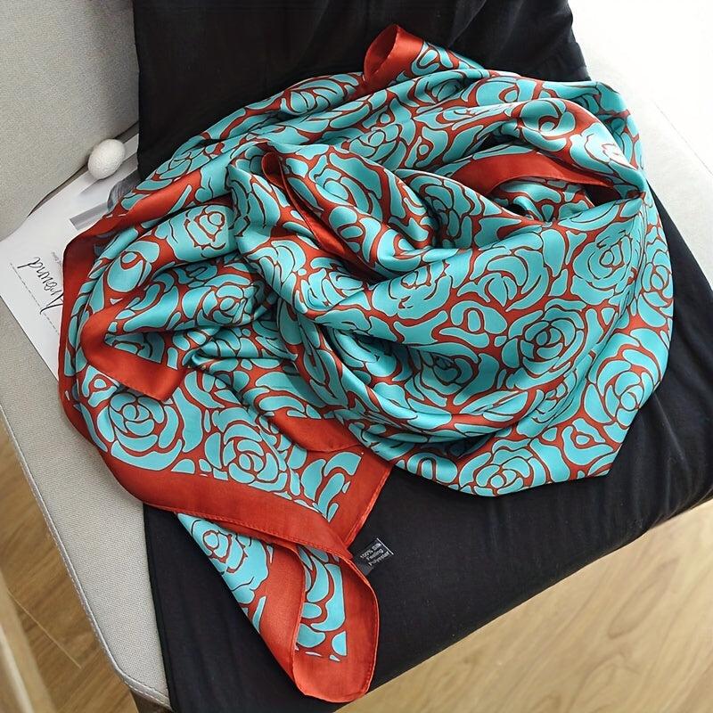 Rose Print Large Scarf Satin Shawl Silk Head Wrap