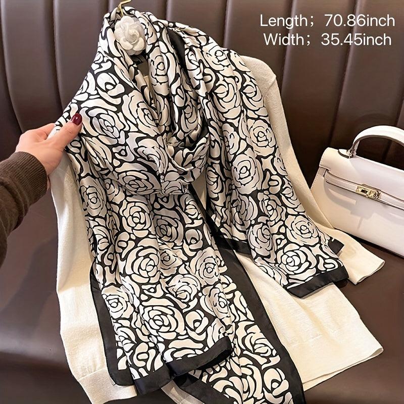 Rose Print Large Scarf Satin Shawl Silk Head Wrap