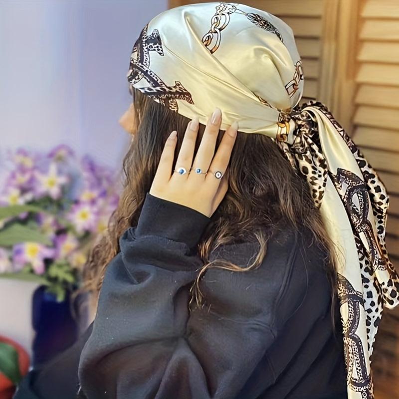Leopard Chain Print Bandana Hijab Silk Square Scarf Vintage Turban