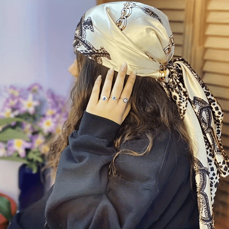 Leopard Chain Print Bandana Hijab Silk Square Scarf Vintage Turban