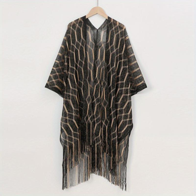 Geometric Striped Print Tassel Shawl Large Wrap Sunscreen Beach Towel