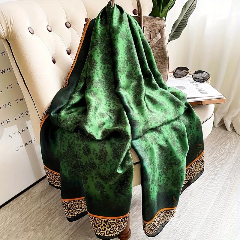 Rose Leopard Print Green Scarf Classic Satin Shawl Silk Head Wrap