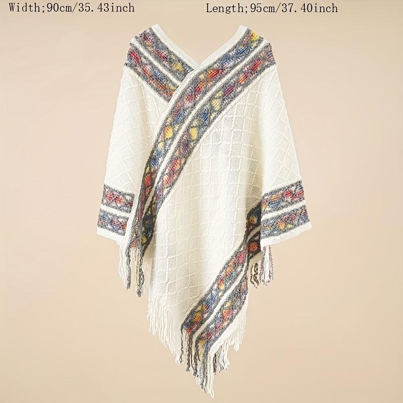 Boho Plaid Knitted Tassel Shawl Vintage Thickened Cape