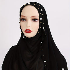 Chiffon Hijab Pearl Decor Head Wrap Casual Scarf Ramadan Turban