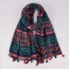 Boho Floral Print Tassel Scarf Block Shawl