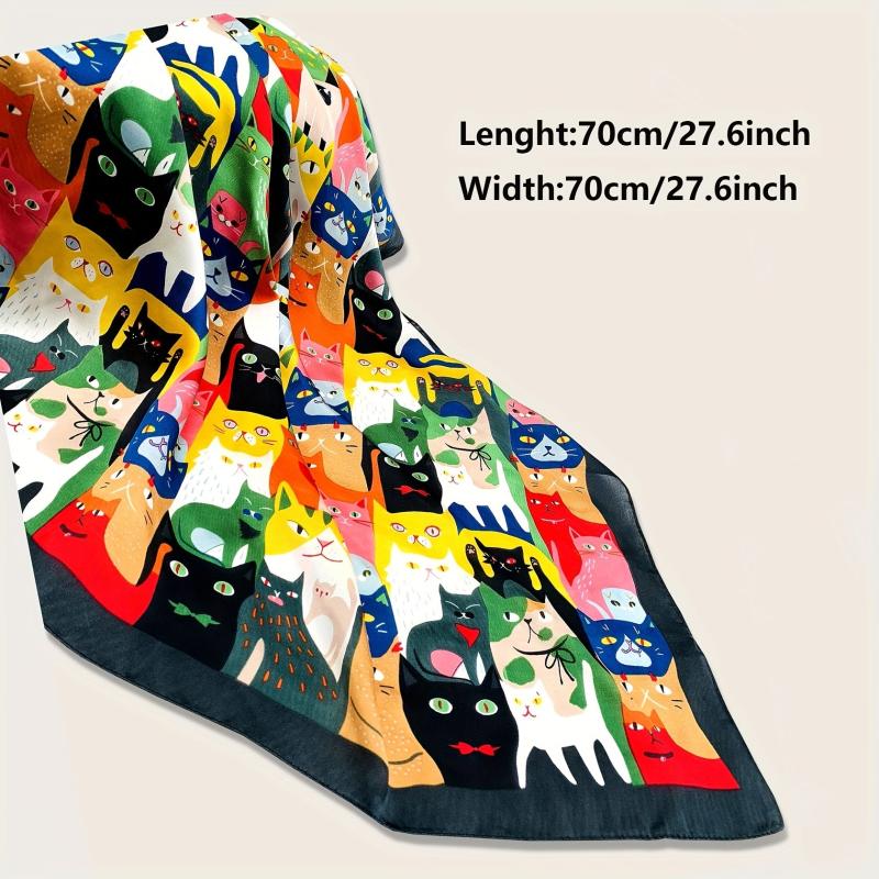70cm Cartoon Cat Print Square Scarf Silk Shawl Women Head Wrap Satin Bandana