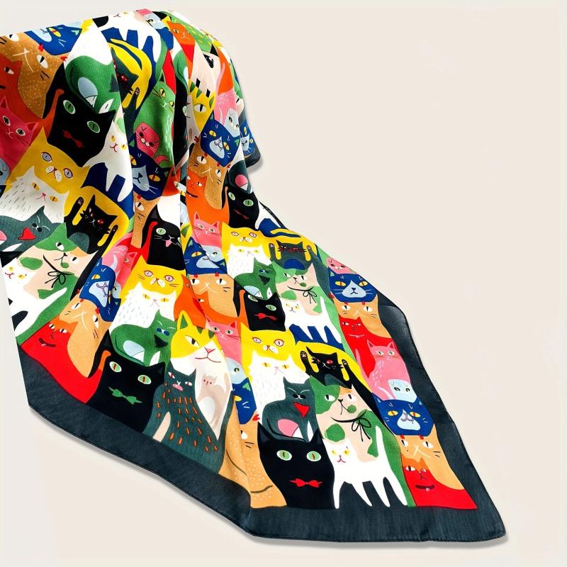70cm Cartoon Cat Print Square Scarf Silk Shawl Women Head Wrap Satin Bandana