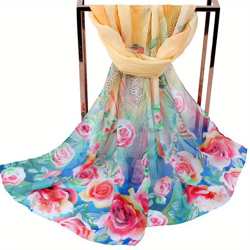 Peacock Floral Print Silk Scarf Wrap Casual Head Wrap Gift For Mother's