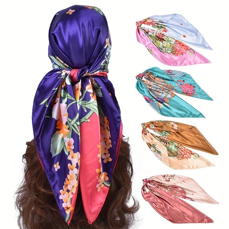Flower Print Square Scarf Shawl Bandanas Silk Neckerchief Head Wrap