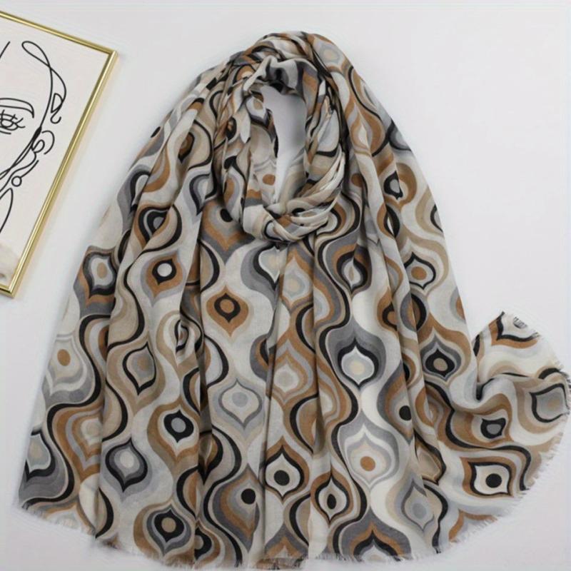 Geometric Onion Print Scarf Vintage Frayed Edge Shawl for Women