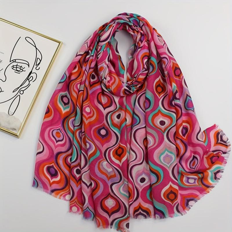 Geometric Onion Print Scarf Vintage Frayed Edge Shawl for Women