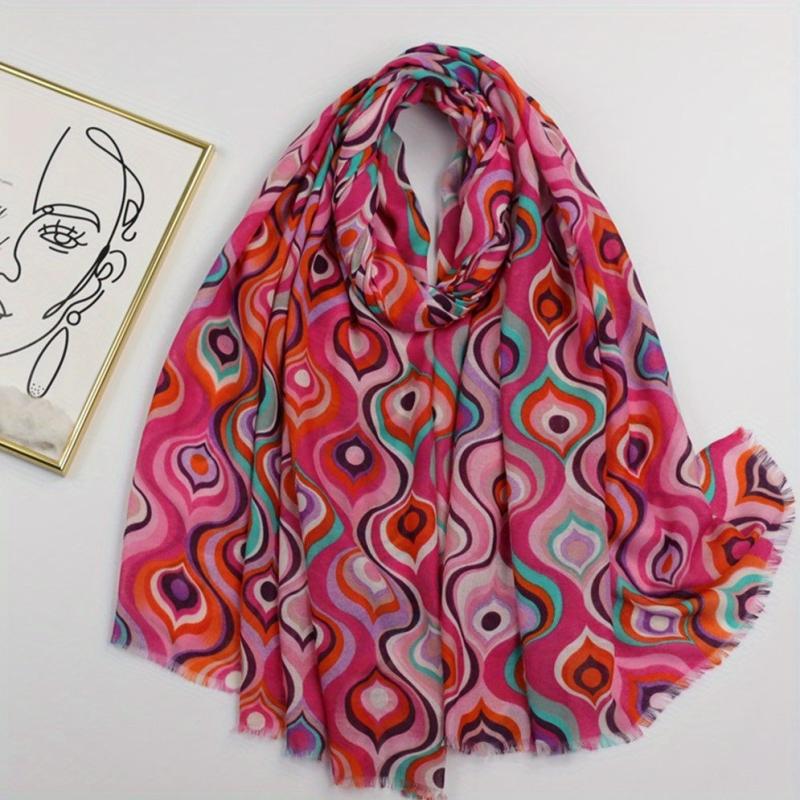 Geometric Onion Print Scarf Vintage Frayed Edge Shawl for Women