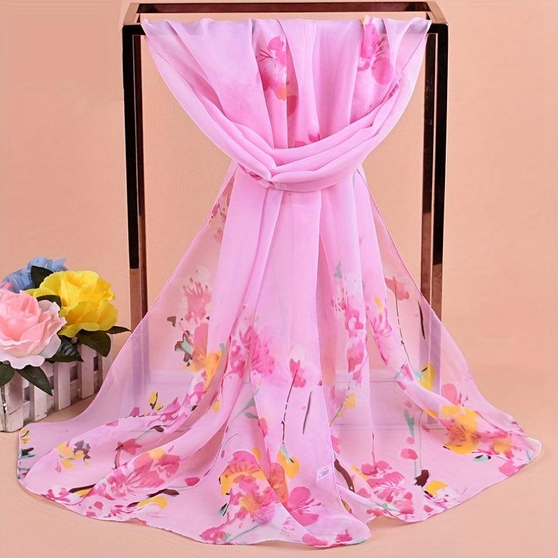 Flower Branch Print Chiffon Scarf Breathable Shawl Women Windproof Head Wrap