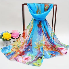 Peacock Feather Chiffon Scarf Boho Sunscreen Shawl
