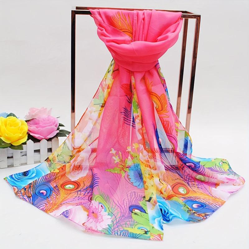 Peacock Feather Chiffon Scarf Boho Sunscreen Shawl