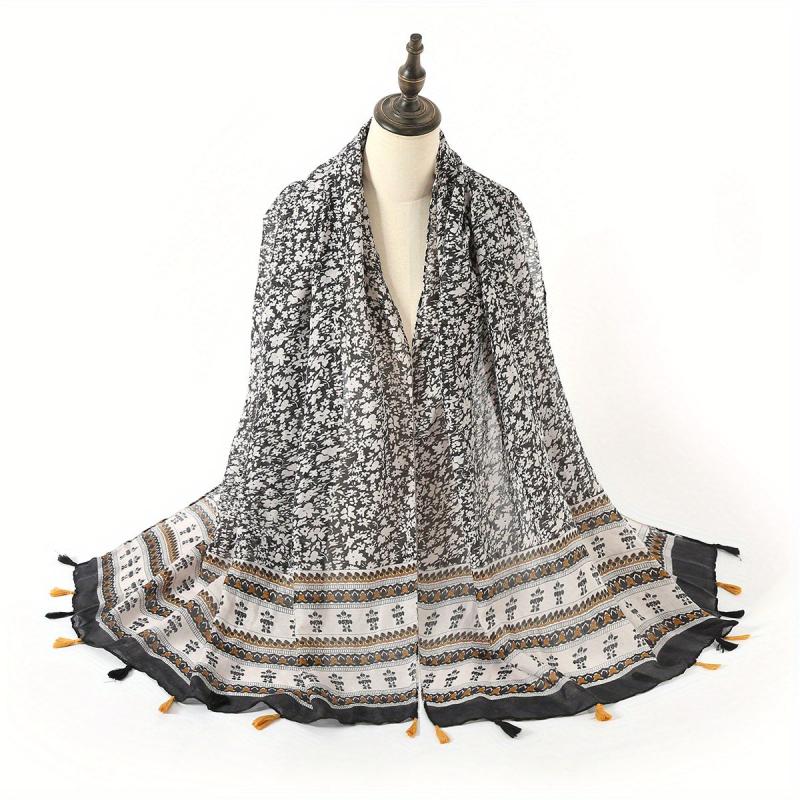 Boho Floral Print Tassel Scarf Block Shawl Hijab Sunscreen Towel