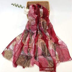 Vintage Scarf Ginkgo Print Voile Shawl Frayed Edge Head Wrap Beach Towel