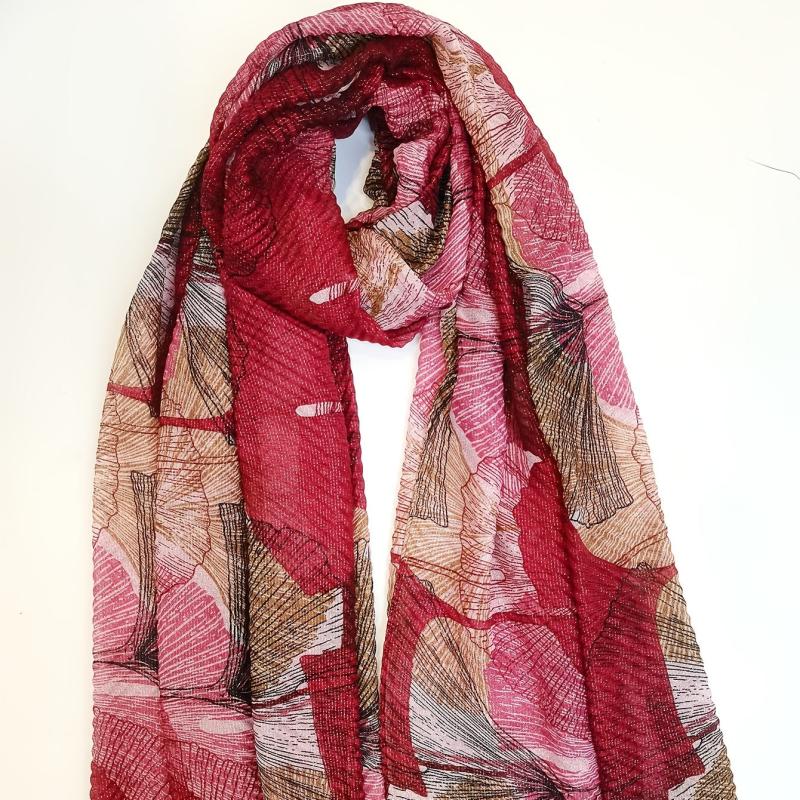 Vintage Scarf Ginkgo Print Voile Shawl Frayed Edge Head Wrap Beach Towel