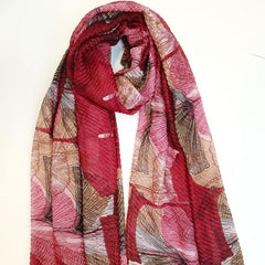 Vintage Scarf Ginkgo Print Voile Shawl Frayed Edge Head Wrap Beach Towel