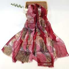 Vintage Scarf Ginkgo Print Voile Shawl Frayed Edge Head Wrap Beach Towel