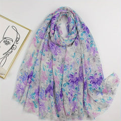 Floral Print Raw Trim Scarf Shawl Casual Head Wrap