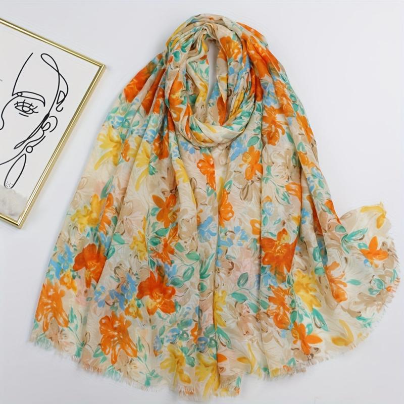 Floral Print Raw Trim Scarf Shawl Casual Head Wrap