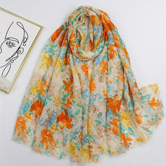 Floral Print Raw Trim Scarf Shawl Casual Head Wrap