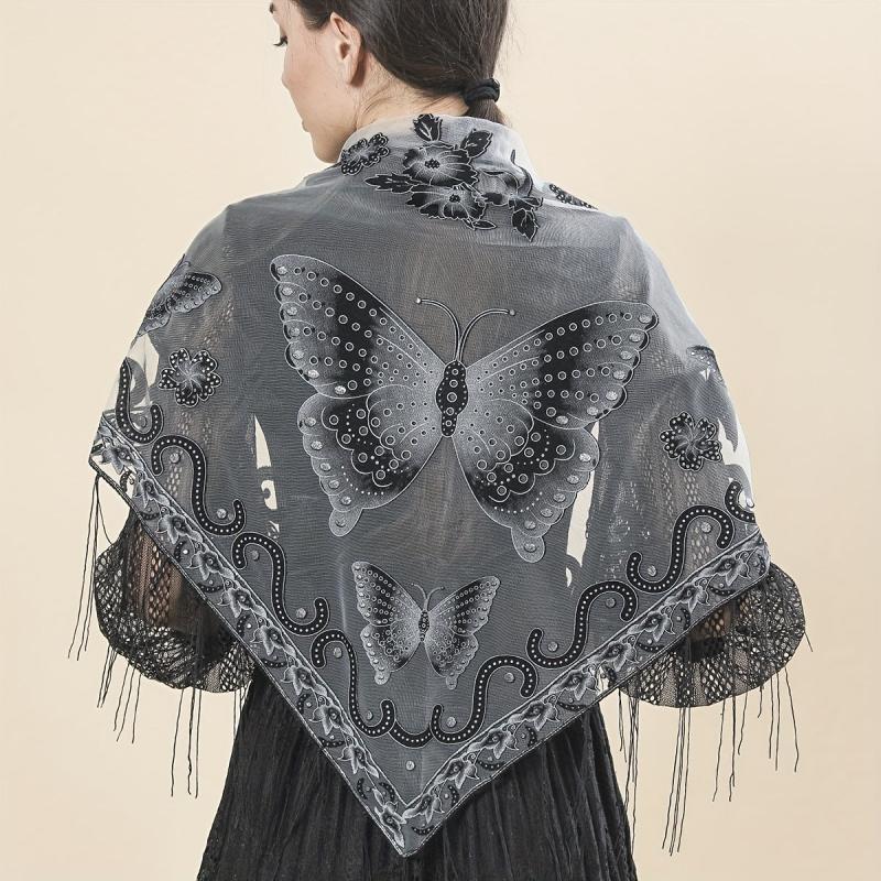 Flower & Butterfly Lace Triangle Scarf Embroidered Shawl