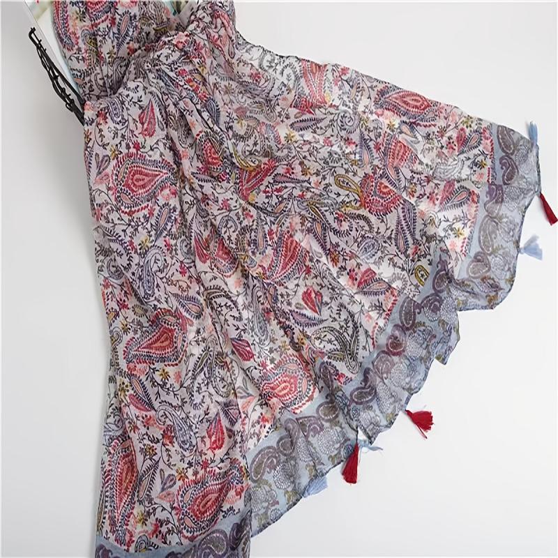 Paisley Print Vintage Scarf Red & Tassel Shawl Women Head Wrap Turban