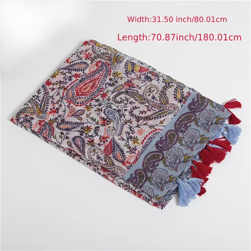 Paisley Print Vintage Scarf Red & Tassel Shawl Women Head Wrap Turban