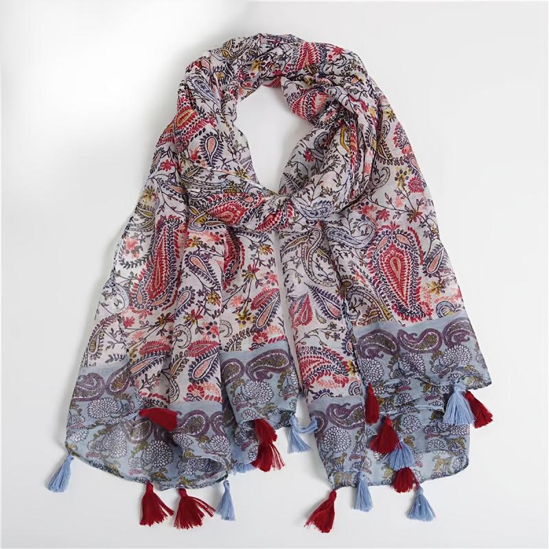 Paisley Print Vintage Scarf Red & Tassel Shawl Women Head Wrap Turban