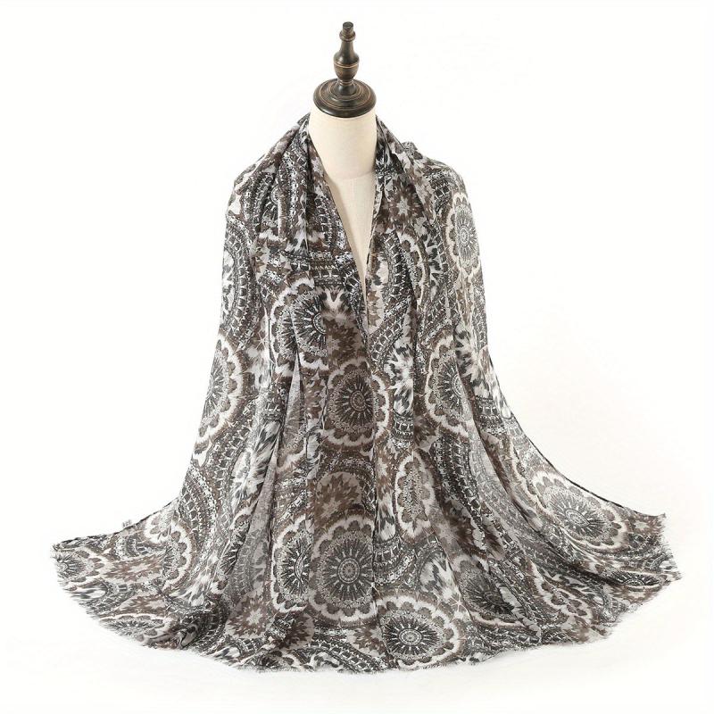 Boho Geometric Print Scarf Vintage Frayed Edge Shawl