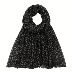 Dark Leaf Print Voile Scarf Boho Vintage Shawl Head Wrap