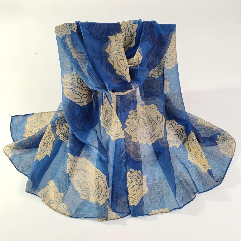 Rose Print Voile Scarf Vintage Large Shawl Women Casual Windproof Head Wrap Trav