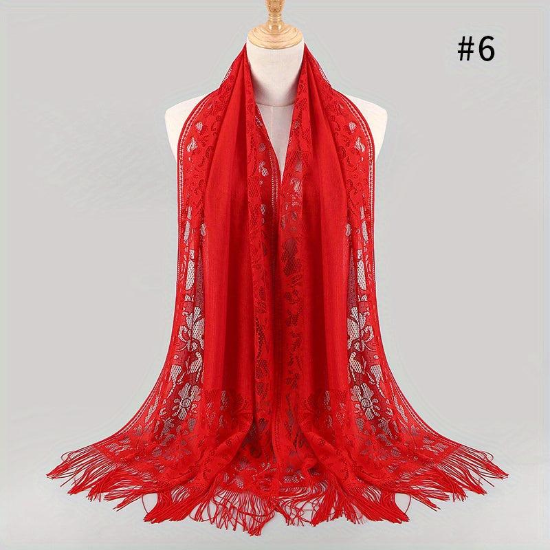 Tassel Lace Shawl Solid Flower Hollow Scarf Hijab Women Wrap