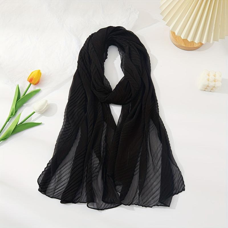 Solid Pleated Scarf Classic Hijab Casual Shawl Silk Bandana Women Neckerchief