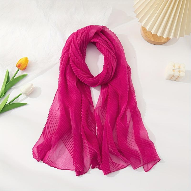 Solid Pleated Scarf Classic Hijab Casual Shawl Silk Bandana Women Neckerchief