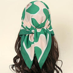 Green Block Bandana Square Scarf Satin Neckerchief Women Head Wrap