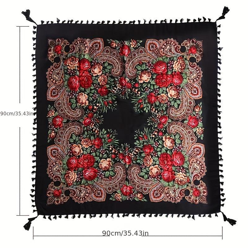 Boho Square Scarf Vintage Flower Print Cape Women's Wrap Scarves