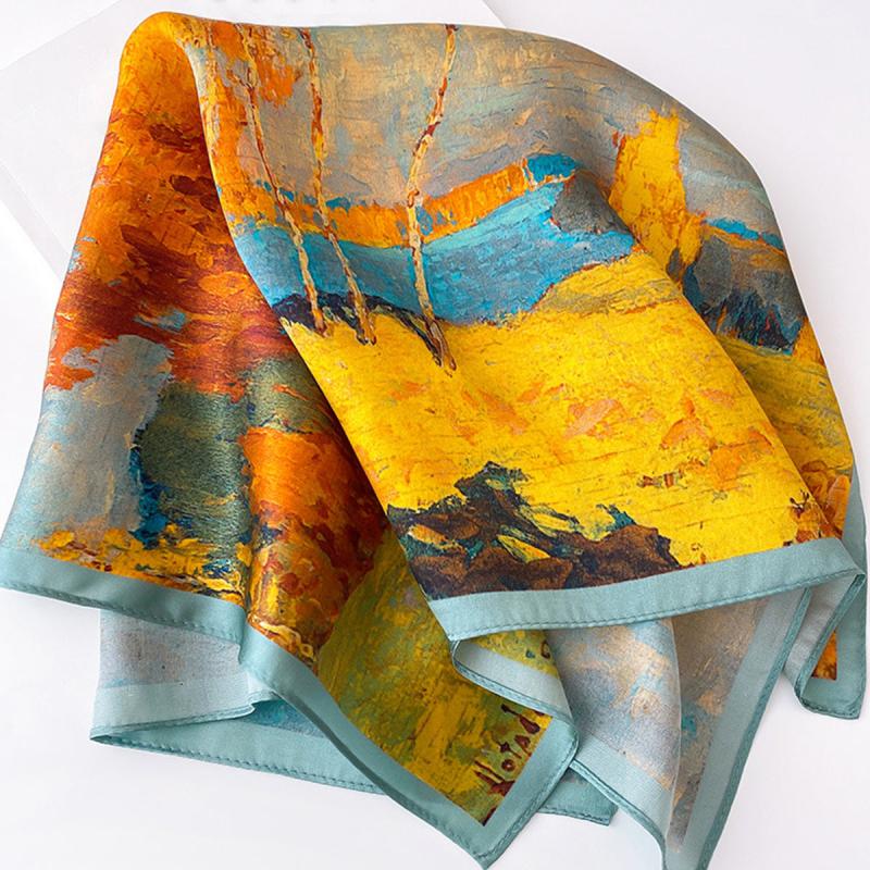 Tree Oil Painting Print Neckerchief Classic Silk Square Scarf Bandana