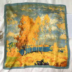 Tree Oil Painting Print Neckerchief Classic Silk Square Scarf Bandana