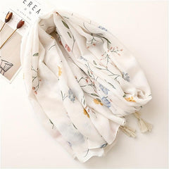 Beige Flower Print Scarf Tassel Shawl for Women